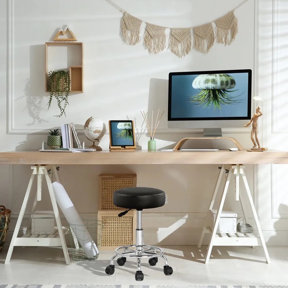 Taburet pe roți OXANA cu suport pentru picioare, Ø35cm, negru Casaria