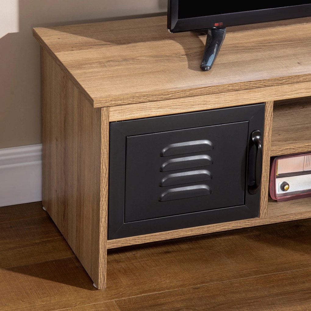 HOMCOM Comodă TV 110 cm, Design Industrial, cu 2 dulapuri, 2 nișe, 2 orificii pentru cabluri, Aspect lemn cu vene, Uși metal negre | Aosom Romania