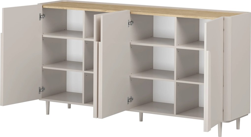 Comodă cu patru uși pe picioare Amilio 200 cm - cashmir / stejar uleiat / mânere cashmir