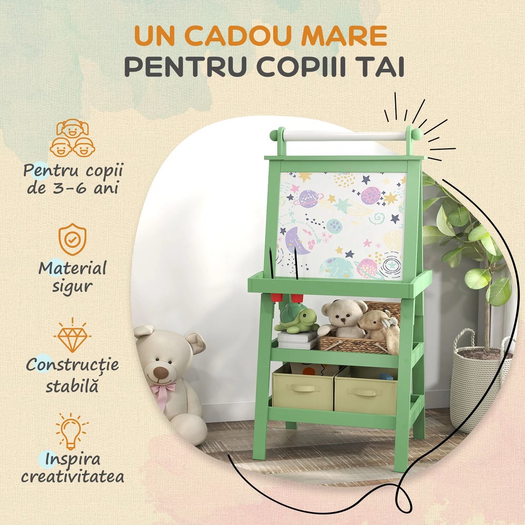 AIYAPLAY Tablă de Desen Dublă Pentru Copii 3-6 Ani, 59x48x118 cm, Verde | Aosom Romania