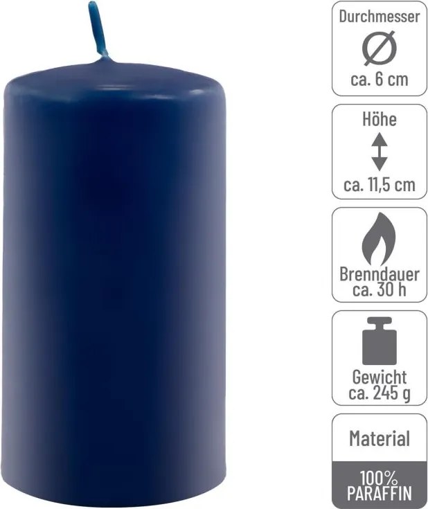 Set de lumânări pilon, 11,5 cm, Ø 6 cm, albastru, 12 buc.