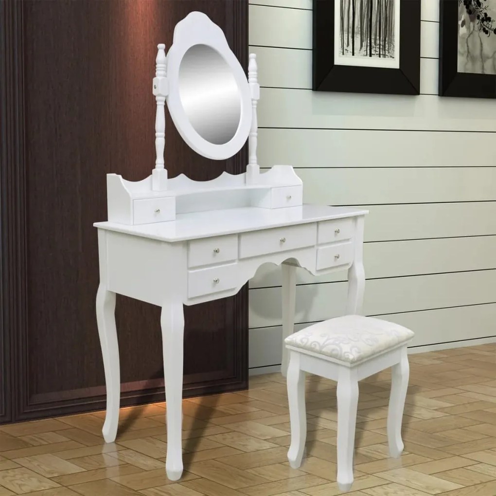 Masa de toaleta cu oglinda si taburet, 7 sertare, alb