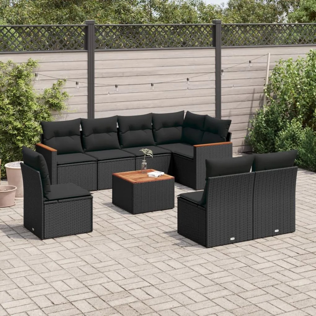 vidaXL Set mobilier de grădină cu perne, 9 piese, negru, poliratan