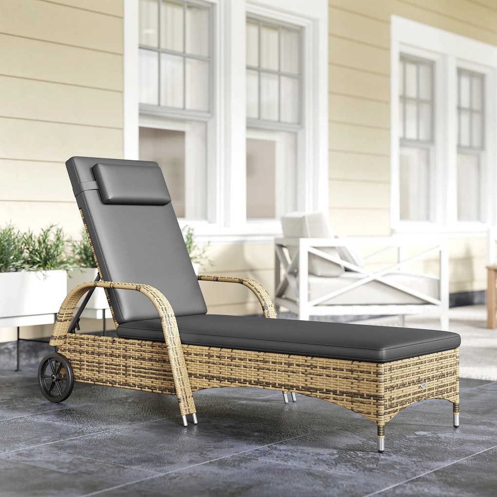 Outsunny Șezlong de soare cu saltea spătar reglabil multipoziții cotiere roți 200 x 73 x 30-103 cm galben | Aosom Romania