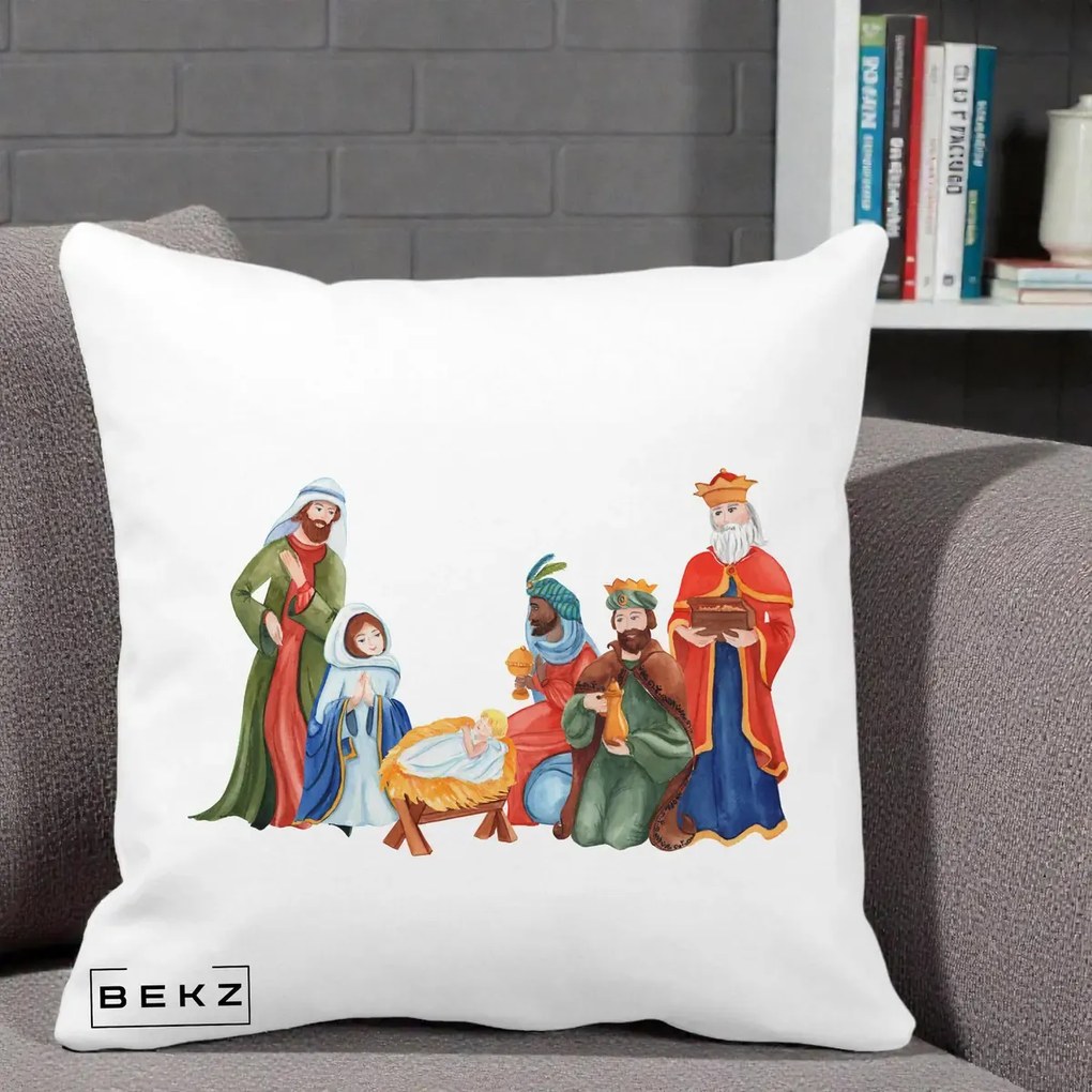 Perna Decorativa Nasterea Domnului Cei Trei Magi Acuarela, 40x40 cm, Alba Mata, Husa Detasabila, Perna Inclusa, BEKZ®