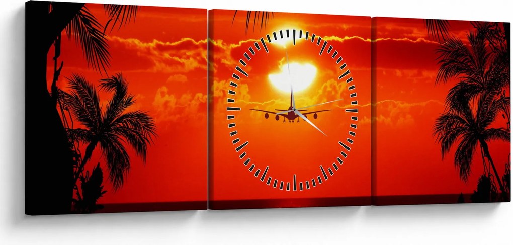 Tablou - apus de soare cu avion (cu ceas) (90x30 cm)