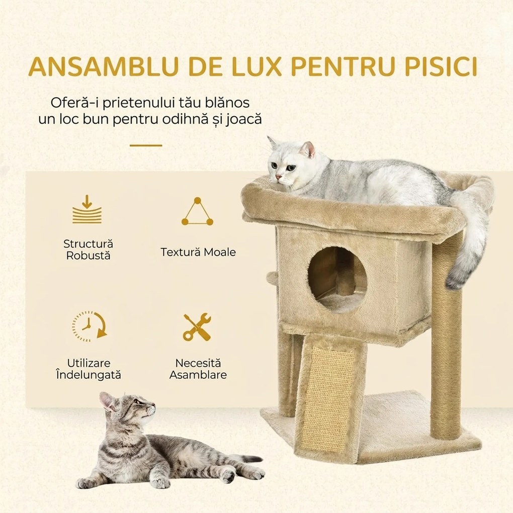 PawHut Copac de Zgâriat pentru Pisici din Pluș, cu Căsuță, Pătuț și Bilă, 40x40x57 cm, Maro | Aosom Romania