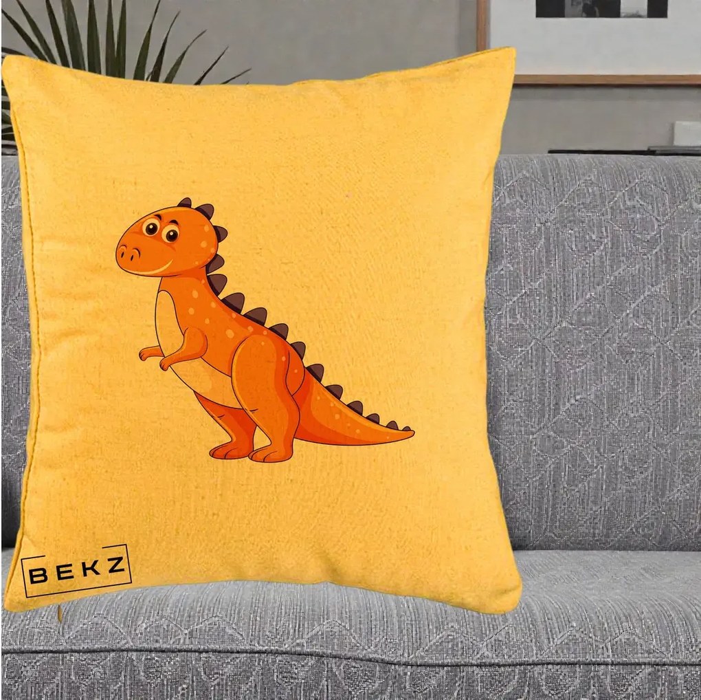 Perna Decorativa T-Rex Portocaliu, 40x40 cm, Galben, Husa Detasabila, Perna Inclusa, BEKZ®