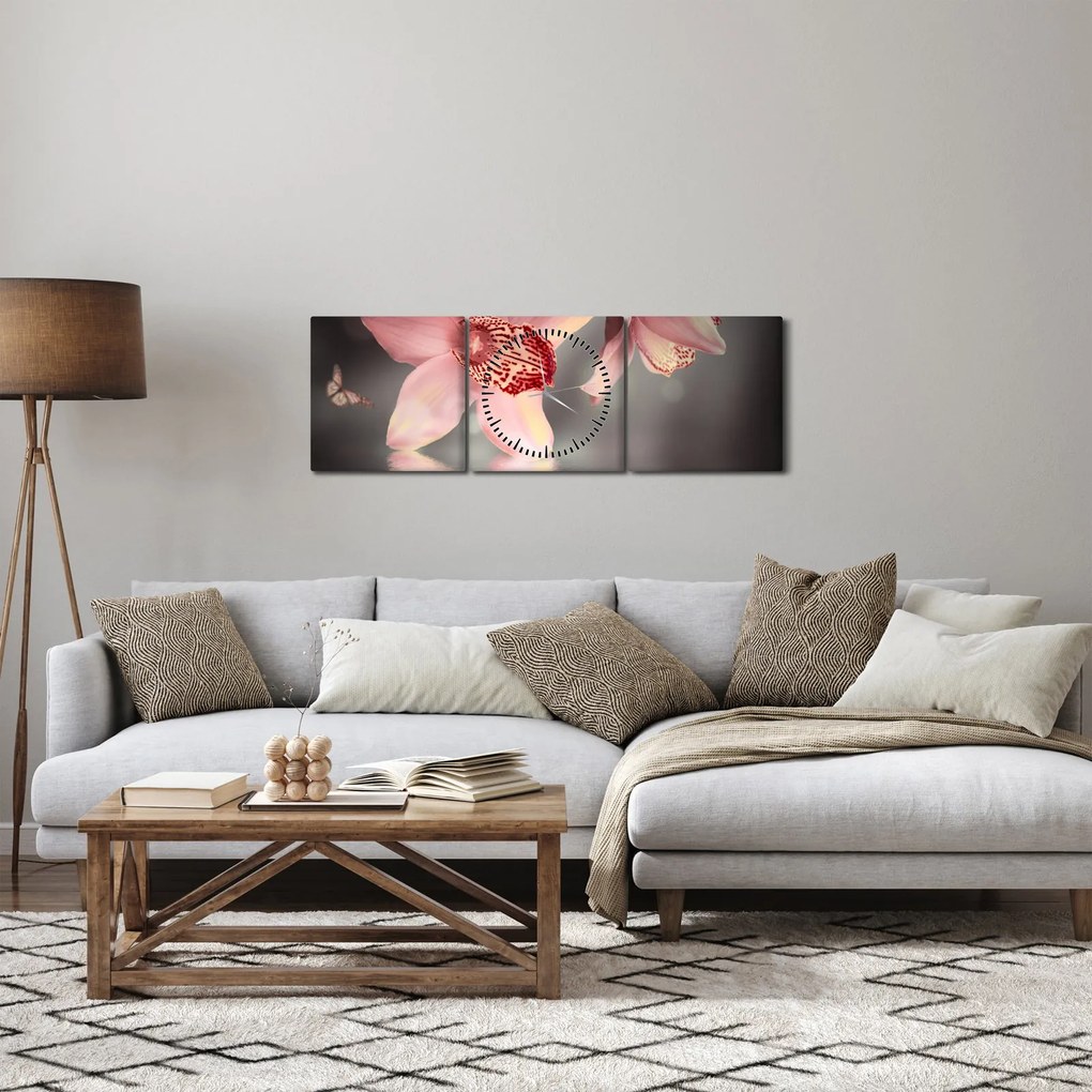 Tablou - Flori și fluture (cu ceas) (90x30 cm)