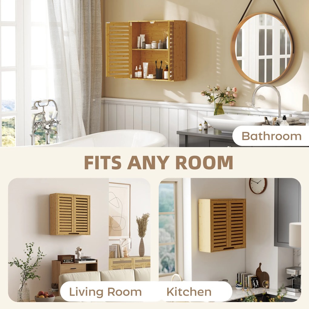 HOMCOM Dulap de Baie cu Raft Intern Reglabil și Uși Tip Lamă, din Bambus, 60x20x60 cm, Culoare Lemn | Aosom Romania