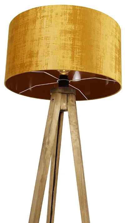 Lampă de podea vintage rustică cu trepied din lemn cu abajur auriu 50 cm - Tripod Classic
