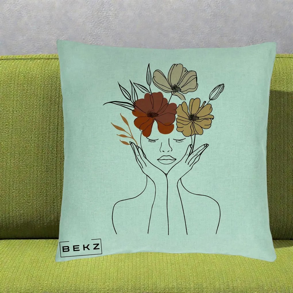 Perna decorativa line art Portret Feminin Coroana Trei Flori, 40x40 cm cu Umplutura, Verde Menta, BEKZ