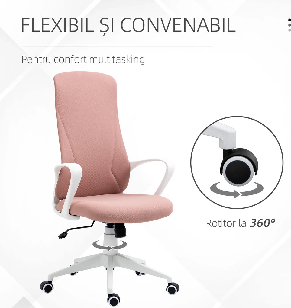 Vinsetto Scaun de birou ergonomic și căptușit, cu înălțime ajustabilă și balans, 62x56x110-119,5 cm, roz | Aosom Romania