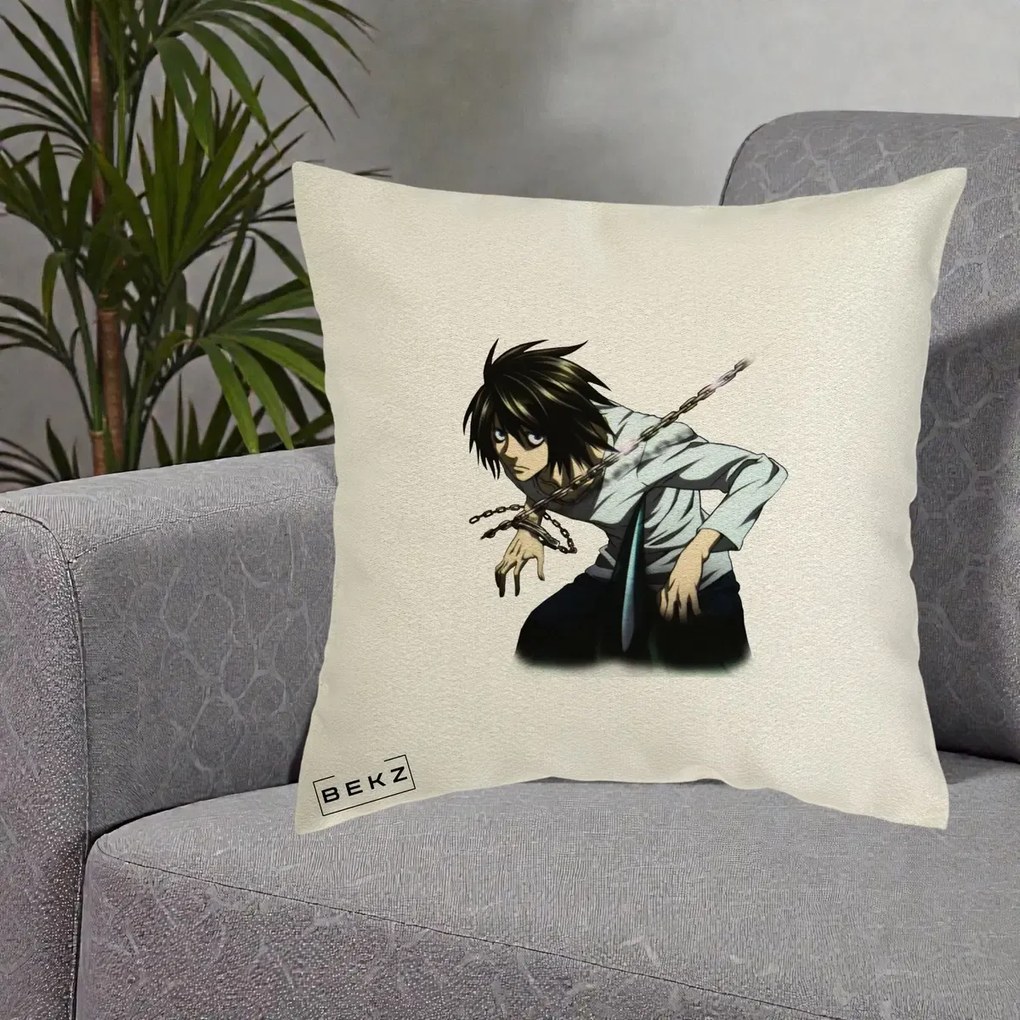 Perna Personalizata Death Note L Lawliet Lanturi, 40x40 cm, Ecru, Husa Detasabila, Perna Inclusa, BEKZ®