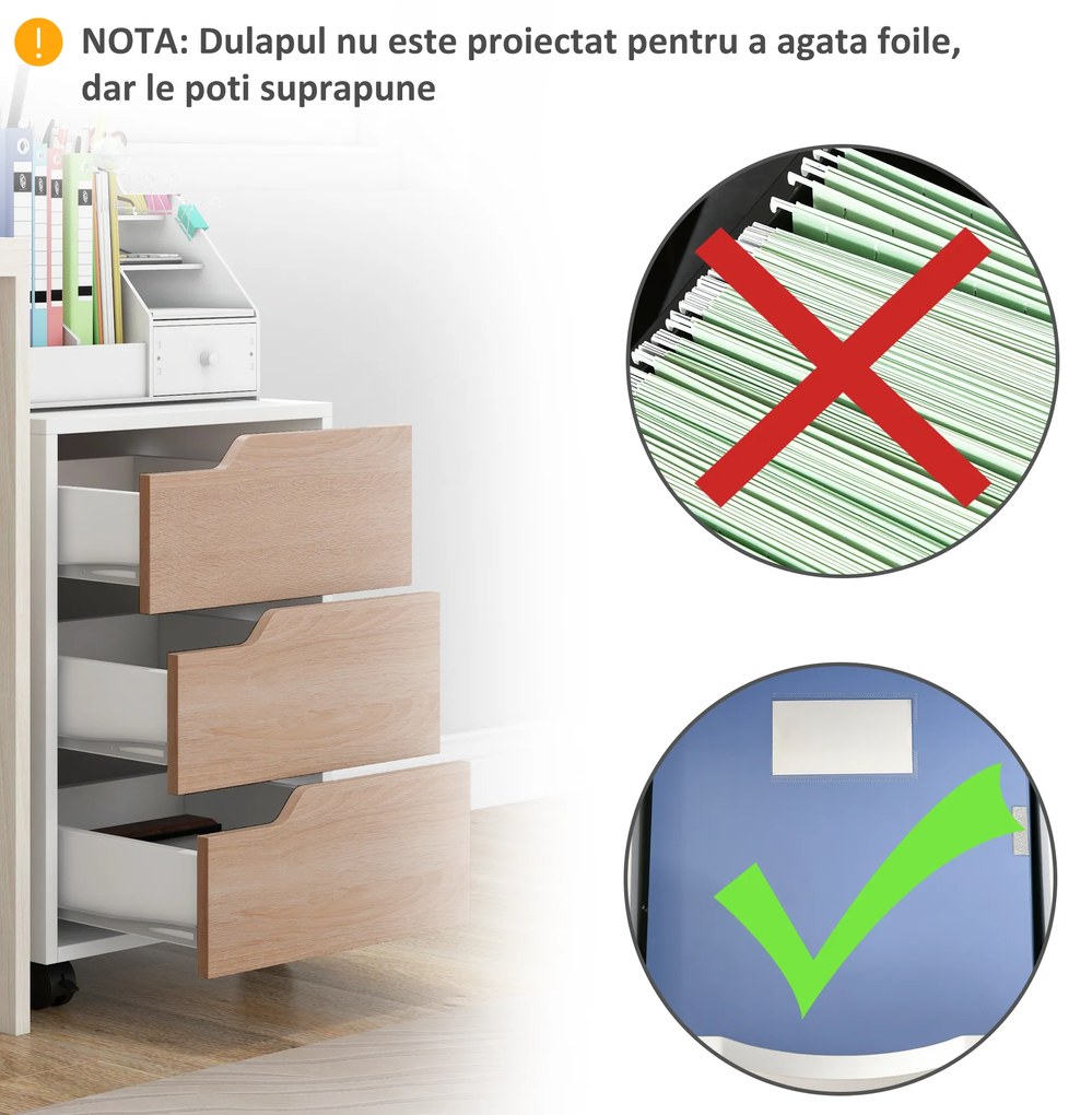 Comoda din MDF cu 3 Sertare si 4 roti cu rotatie de 360 ° (2 cu frane), pentru Birou sau Studio Alba si Lemn 31x37x7.2cm HOMCOM | Aosom Romania