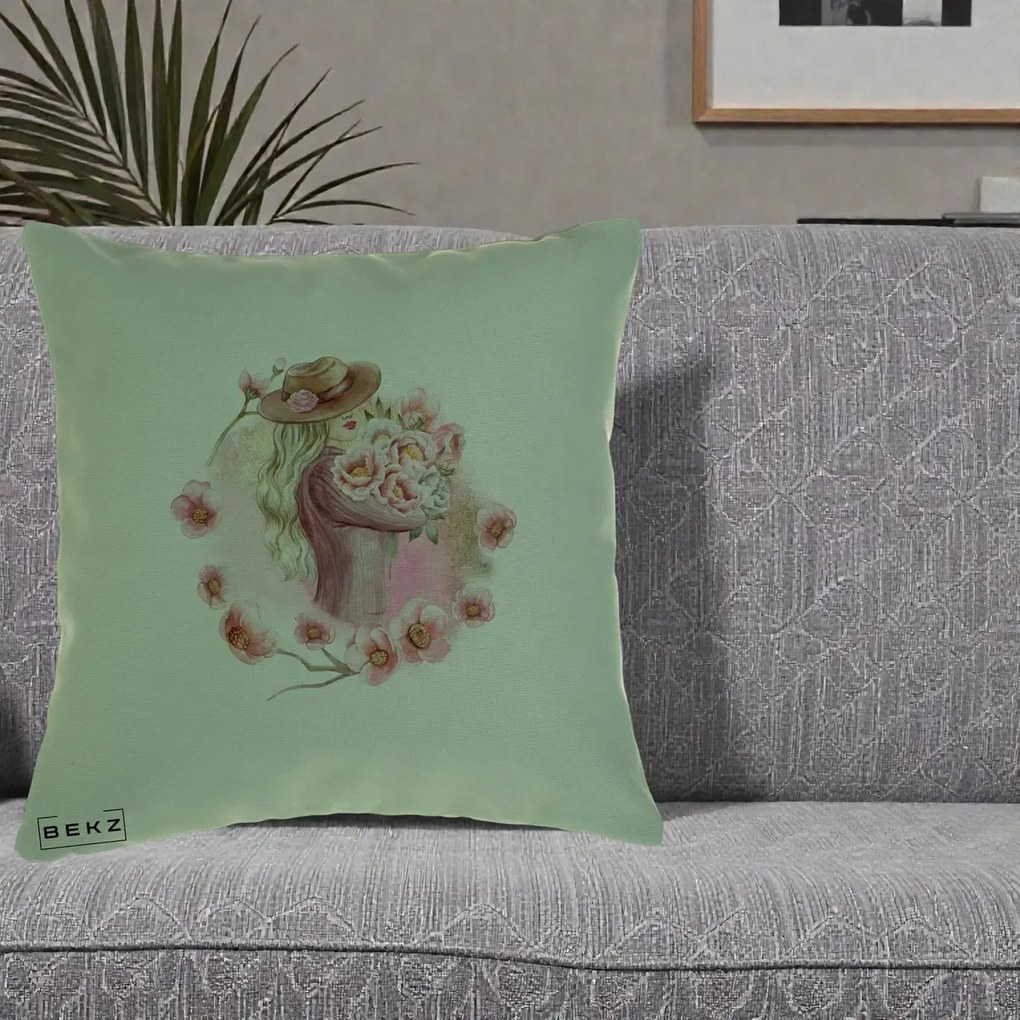 Perna Decorativa Femeie cu Flori Roz Acuarela, 40x40 cm, Verde, Husa Detasabila, Perna Inclusa, BEKZ®