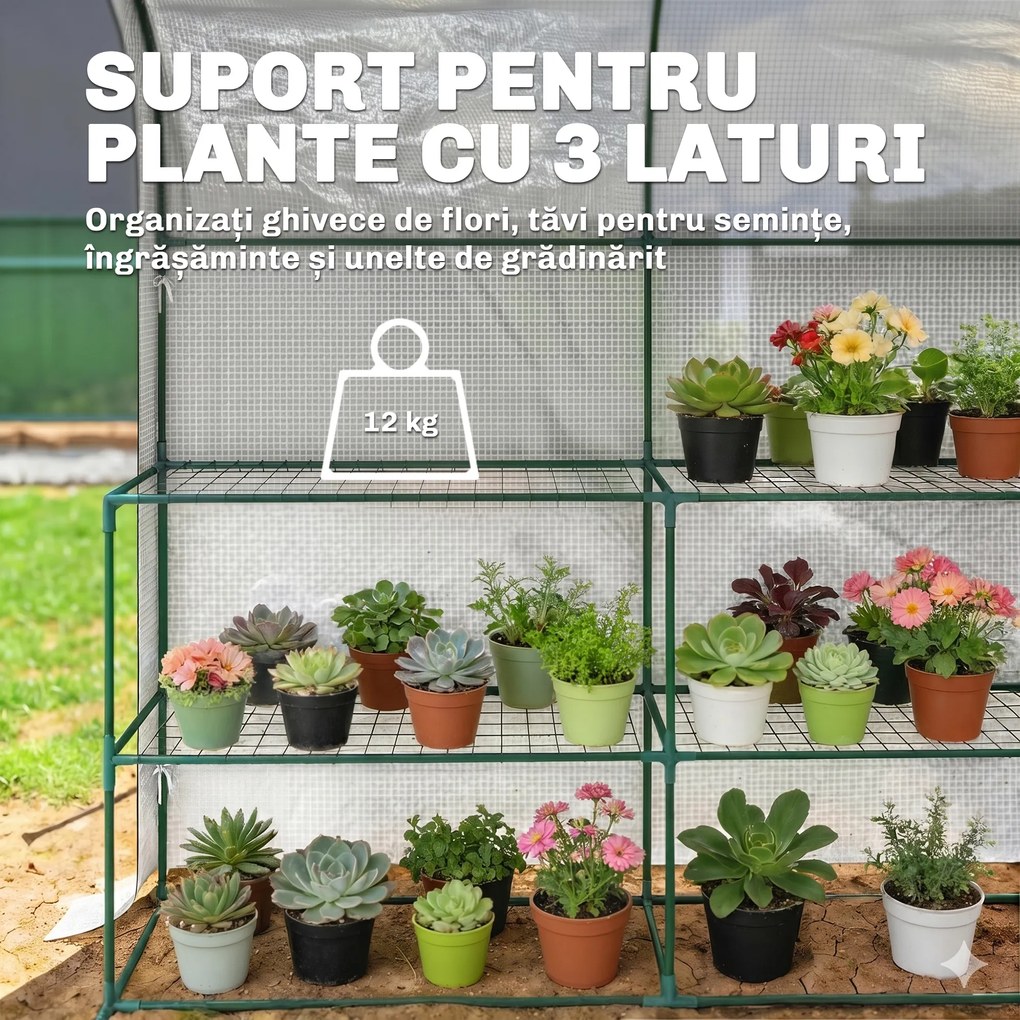 Outsunny Seră de Grădină cu Rafturi și Ușă Rulabilă, Seră pentru Grădină cu Cadru din Oțel, Acoperiș din PE Anti-UV, pentru Legume, Flori și Plante, 123x187x189 cm, Alb | Aosom Romania