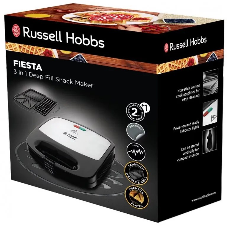 Sandwich maker Russell Hobbs Fiesta Deep Fill 24540-56 3in1, 750 W, 4 sandwich-uri, 3 placi diferite, Otel inoxidabil, Negru