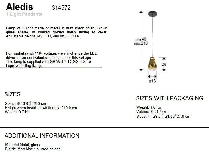 Pendul LED design modern Aledis negru/ auriu