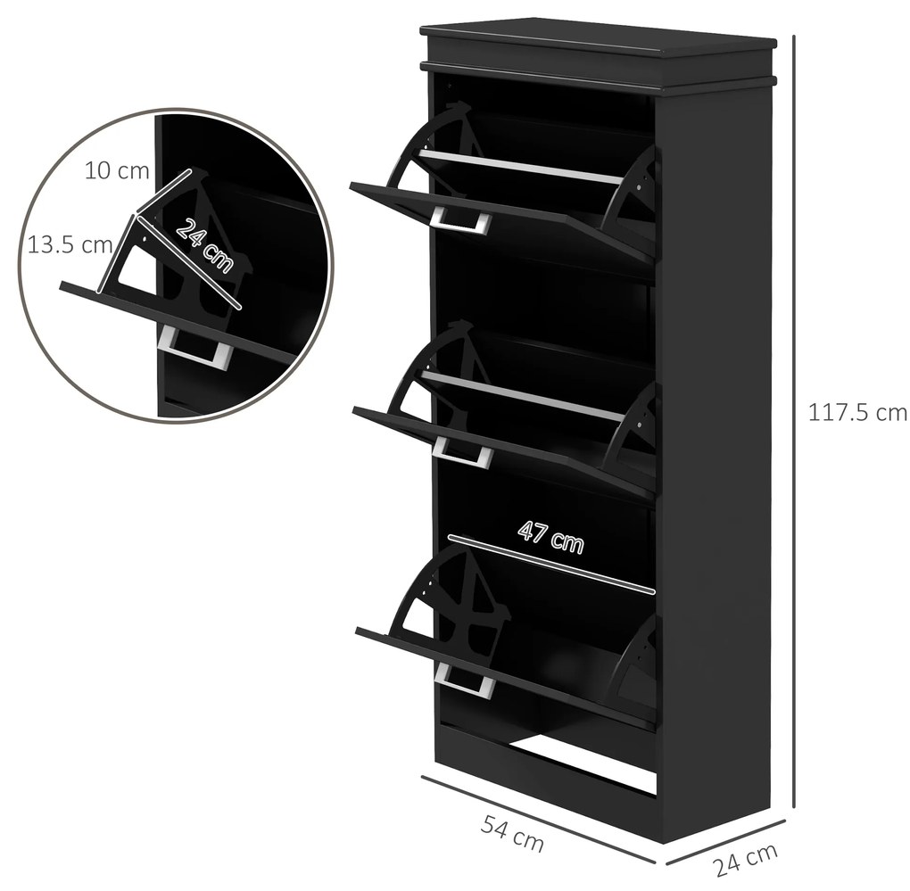 HOMCOM Dulap pentru Depozitarea Pantofilor cu 3 Sertare Rabatabile pentru 15 Perechi de Pantofi, 54x24x117,5 cm, Negru | Aosom Romania