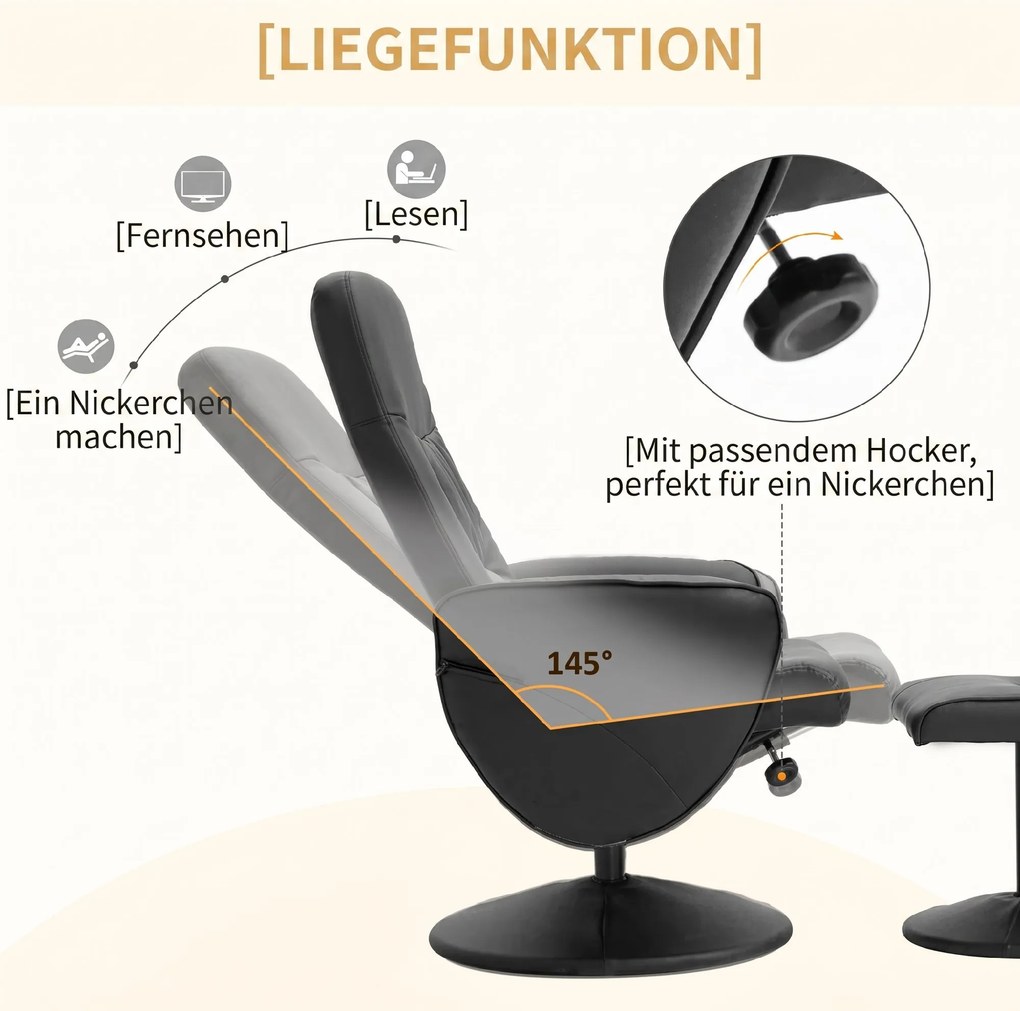HOMCOM Fotoliu Relax Rotativ 360° din Metal și Piele Sintetică, cu Suport pentru Picioare, Spătar Reglabil, Negru | Aosom Romania