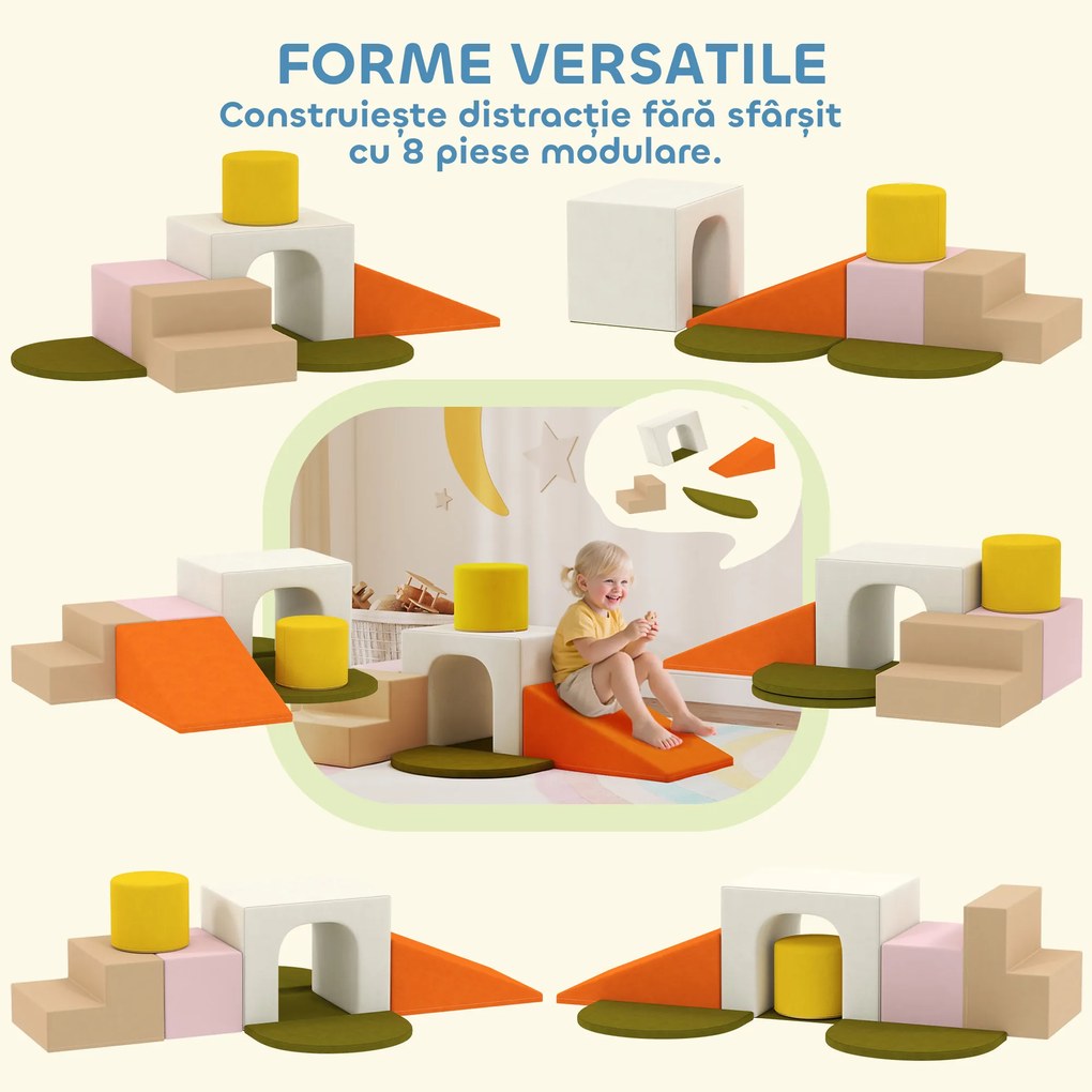 AIYAPLAY Set 8 Construcții Moi pentru Copii 0-3 Ani de Interior, din Catifea și Spumă PU Portocaliu | Aosom Romania
