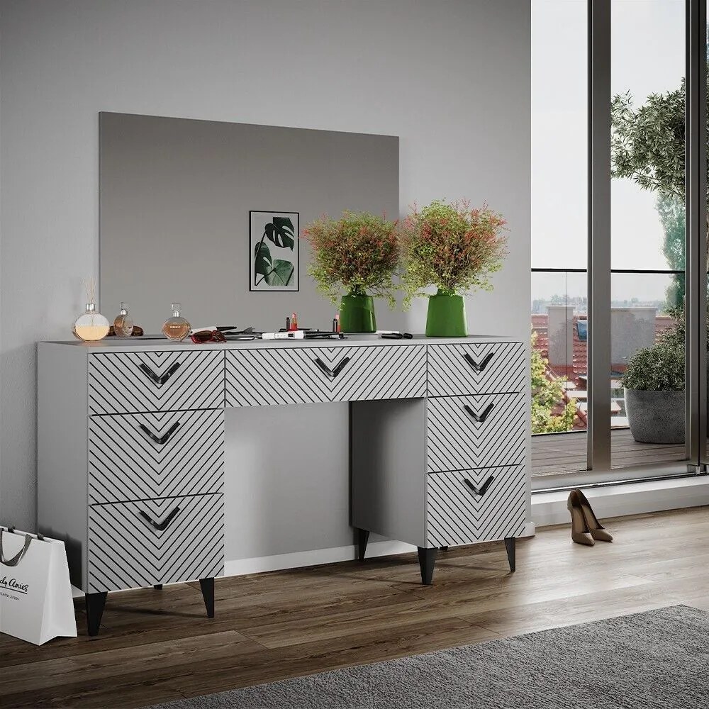 Masuta machiaj cu Oglinda LED si 7 Sertare pentru Cosmetice, Set Masa toaleta 150 cm, Gri, masuta cosmetica, vanity - SEG213