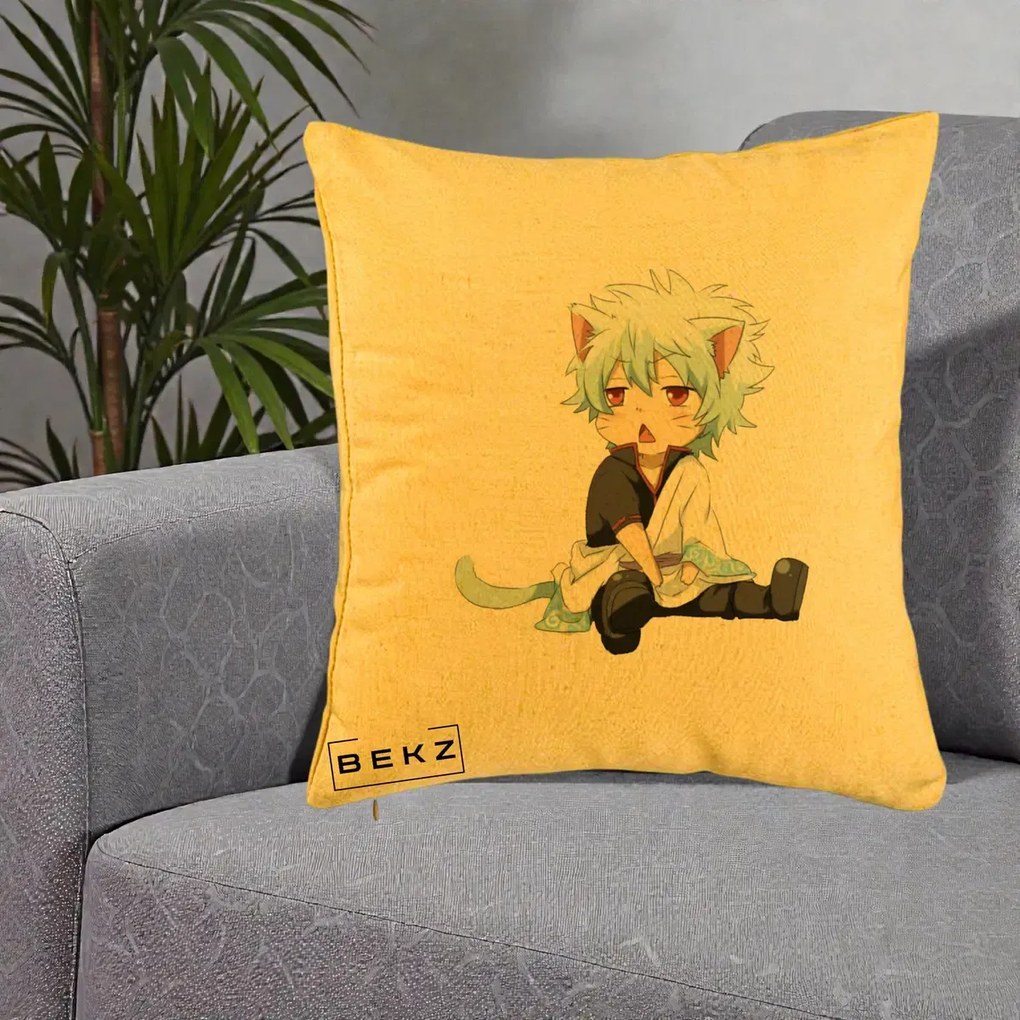 Perna Personalizata Gintama Gintoki Chibi Pisica, 40x40 cm, Galben, Husa Detasabila, Perna Inclusa, BEKZ®