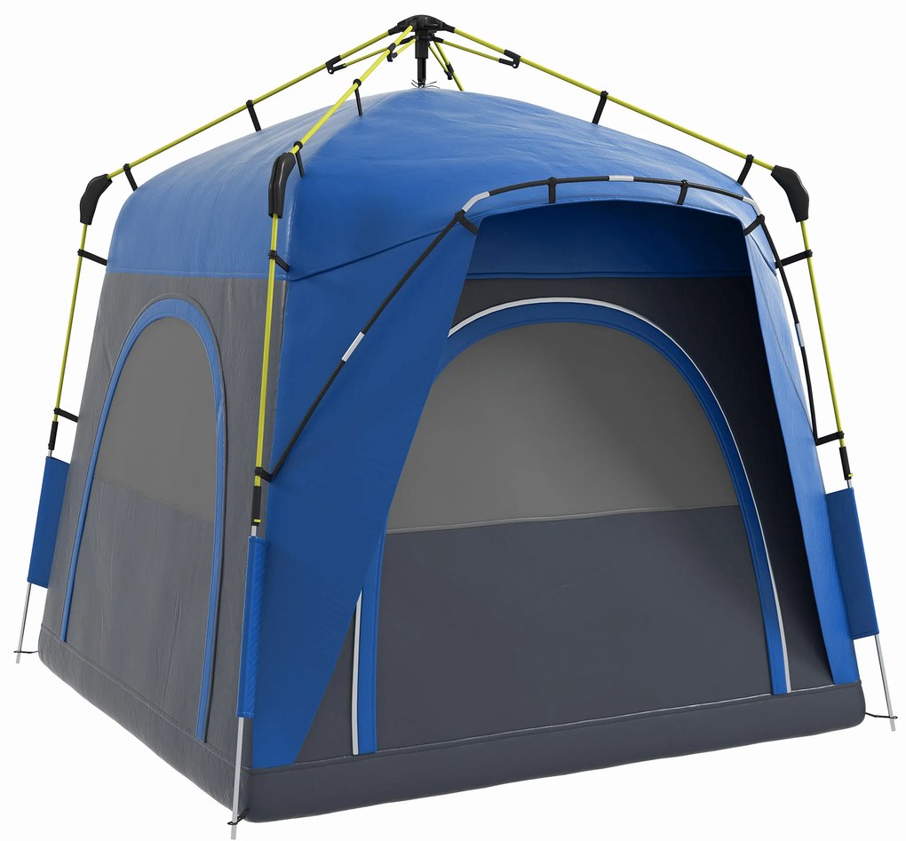 Outsunny Cort camping familial 4 persoane, montare pop-up rapidă, ușor, ventilat, 4 ferestre anti-soare, 2,4x2,4x1,99 m, gri/albastru | Aosom Romania