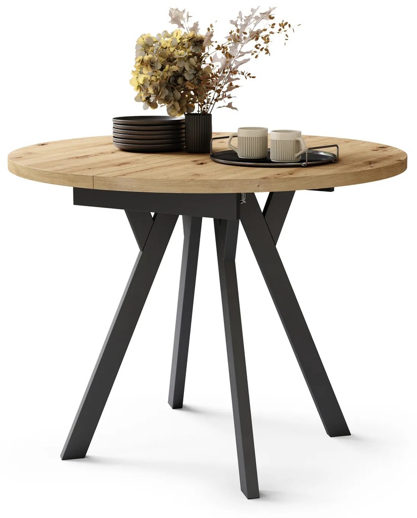 Mazzoni ALMO Stejar Artisan/picioare negre - MASĂ ROTUNDĂ EXTENSIBILĂ CU PICIOARE ÎN FORMĂ DE Y STIL LOFT PENTRU SALON/SUFRAGERIE
