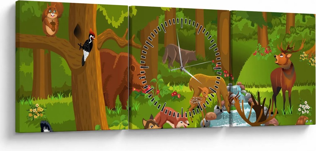 Tablou pentru copii cu animale (cu ceas) (90x30 cm)