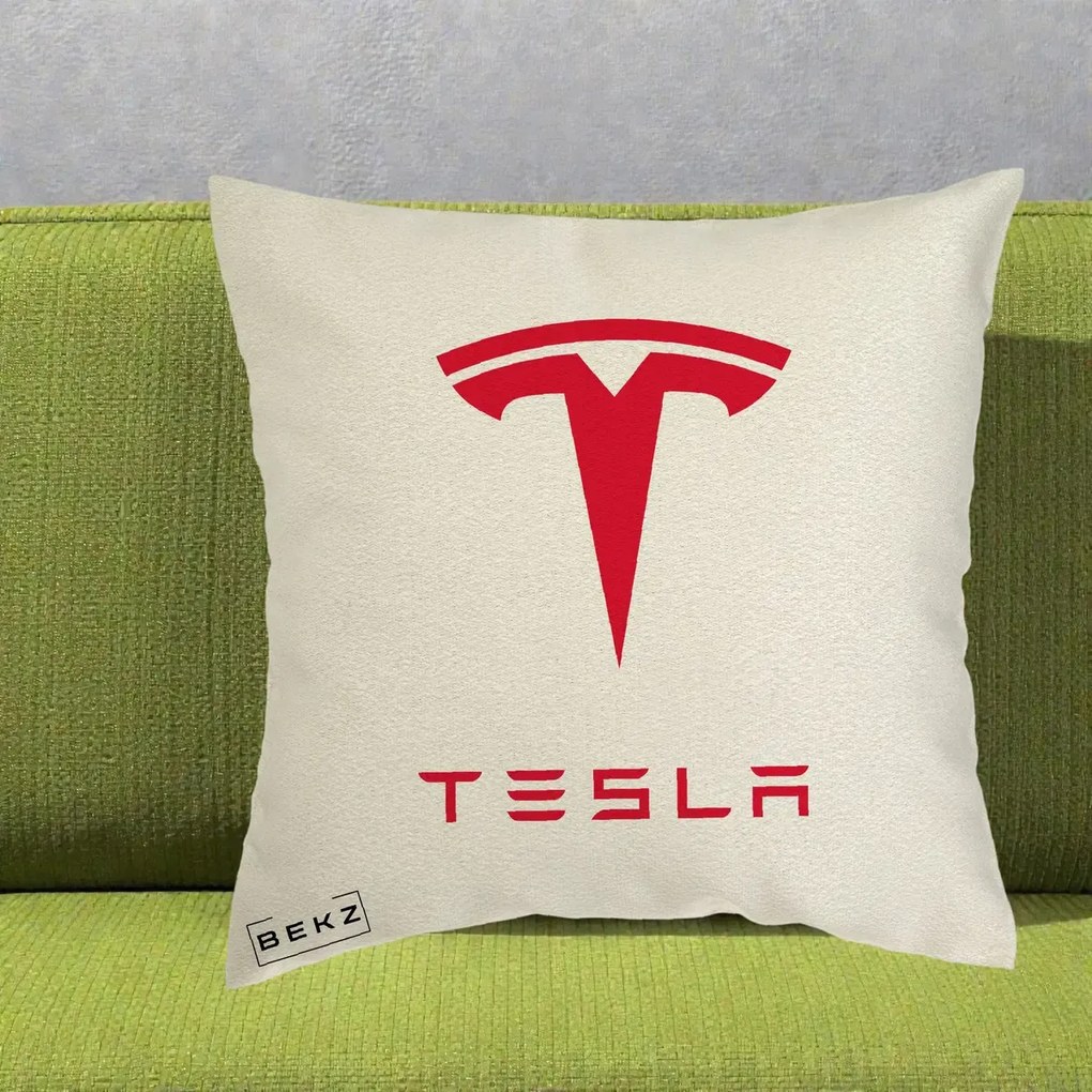 Perna Personalizata cu emblema Tesla, 40x40 cm, Ecru, Husa Detasabila, Perna Inclusa, BEKZ®