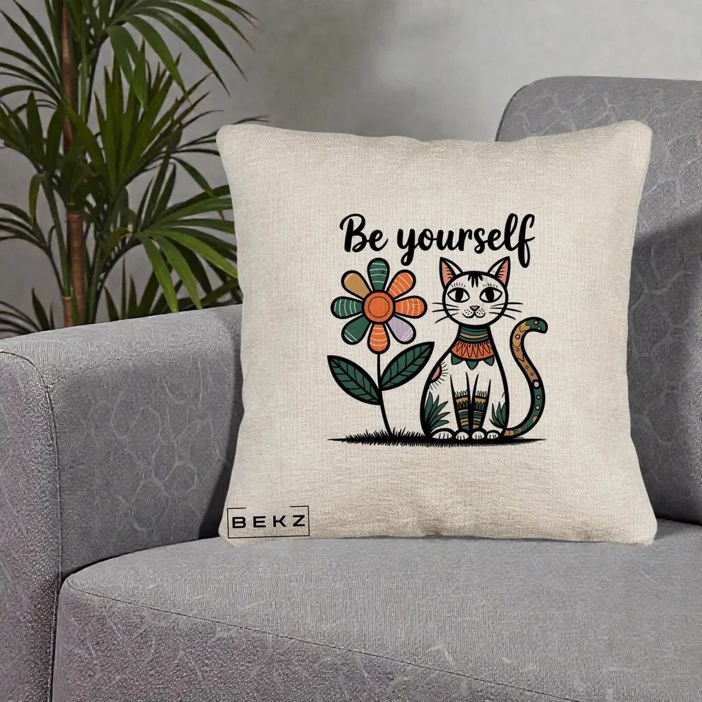 Perna Personalizata Be Yourself Pisica Folk, 40x40 cm, Bej Canapea, Husa Detasabila, Perna Inclusa, BEKZ®
