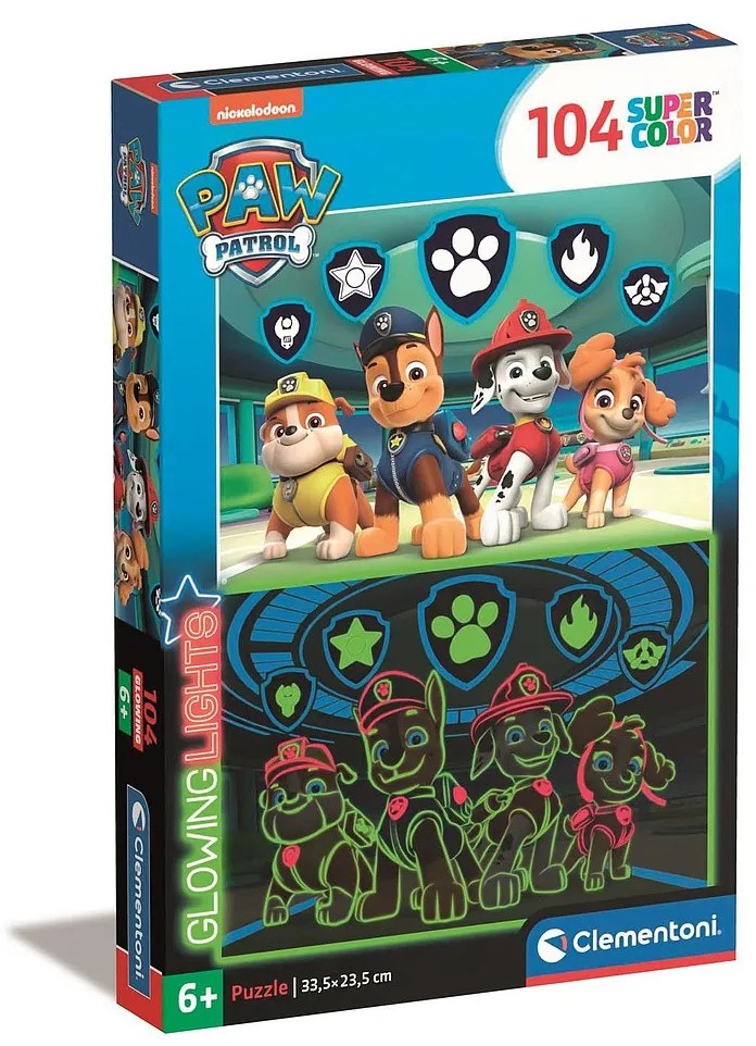 Patrula Cățelușilor Symbols Puzzle Clementoni fosforescent cu 104 piese