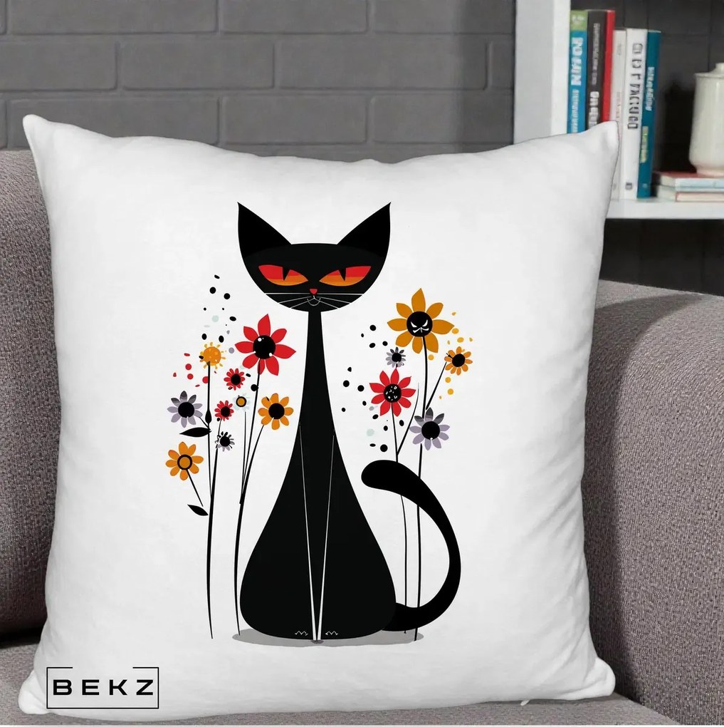 Perna Decorativa Pisica Neagra Ochi Rosii Flori, 40x40 cm, Alb Pufos, Husa Detasabila, Perna Inclusa, BEKZ®