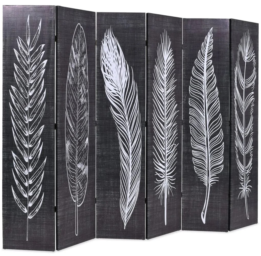 245892 vidaXL Paravan cameră pliabil, negru&alb, 228 x 170 cm, imprimeu pene
