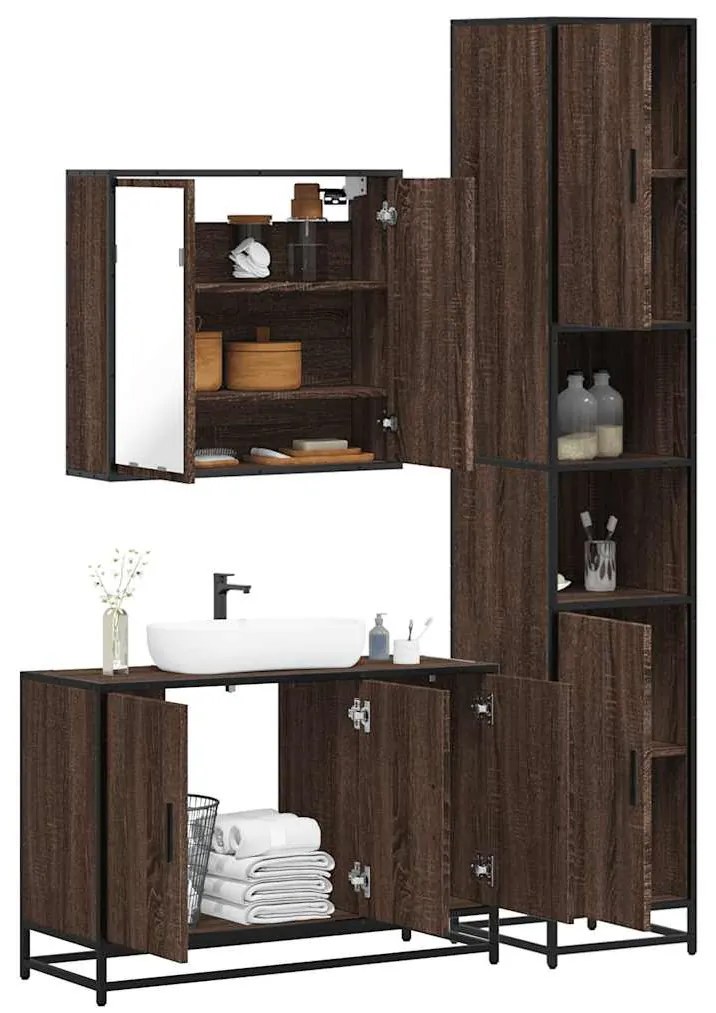 vidaXL Set mobilier de baie, 3 piese, stejar maro, lemn prelucrat