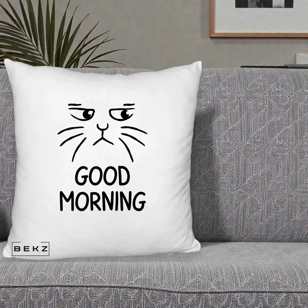 Perna Decorativa Pisica Morocanoasa Good Morning, 40x40 cm, Alb Pufos, Husa Detasabila, Perna Inclusa, BEKZ®