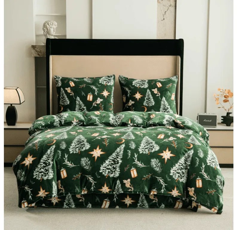 Set lenjerie cocolino GREEN CHRISTMAS verde + cearsaf Cocolino microplus cu elastic SOFT 180x200 cm alb, pat dublu
