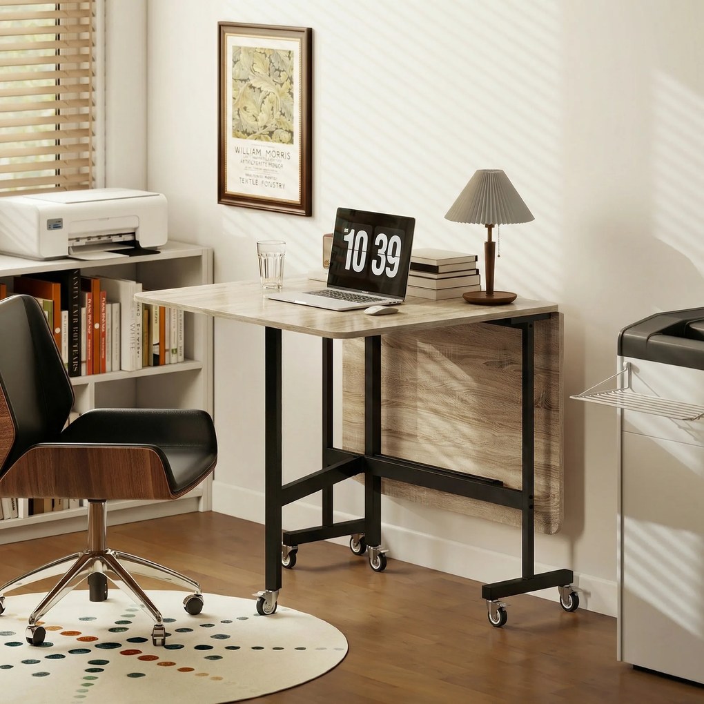 HOMCOM Masă Pliabilă pentru Dining, Masă de Bucătărie Extensibilă cu Roți și Frâne, pentru 4-6 Persoane, Birou Rabatabil cu Structură din Oțel, pentru Living, 120x80x73 cm, Stejar | Aosom Romania