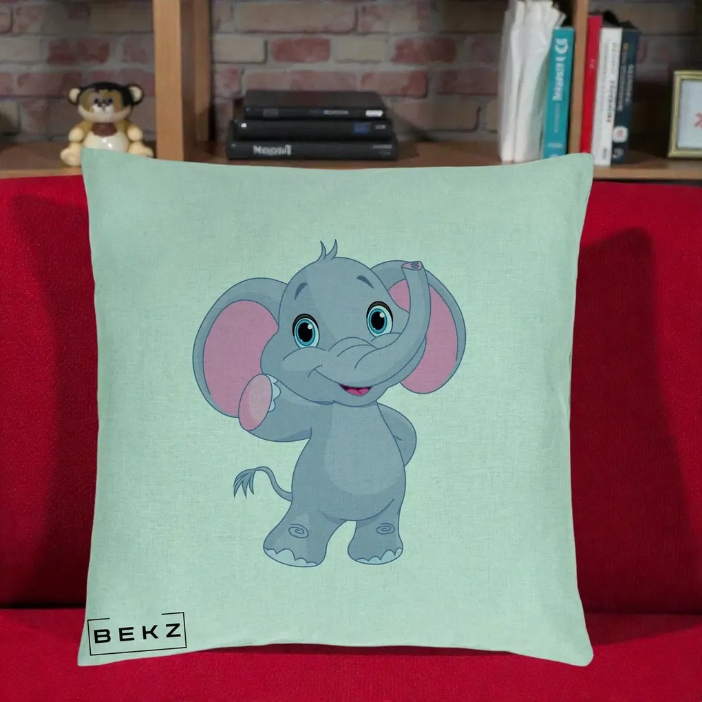 Perna Decorativa Pui de Elefant Kawaii, 40x40 cm, Verde Menta, Husa Detasabila, Perna Inclusa, BEKZ®