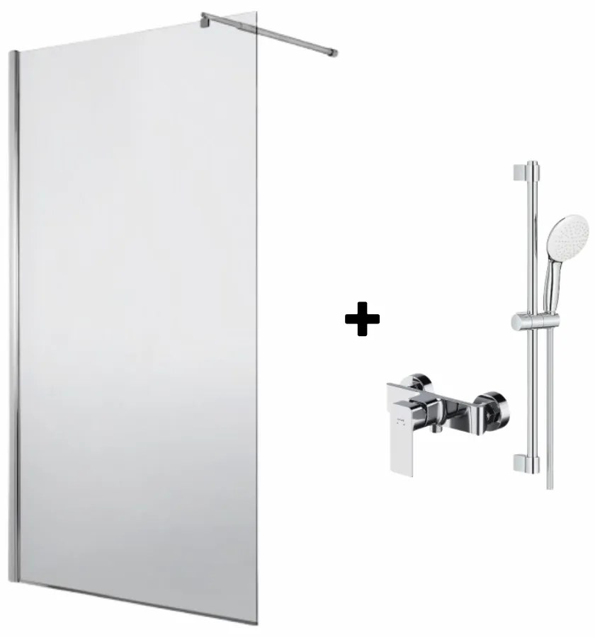 Set paravan dus walk-in 90x200 cm sticla securizata crom Deante cu bara, para dus si furtun, Grohe New Tempesta 110 si baterie dus Cersanit Suaro