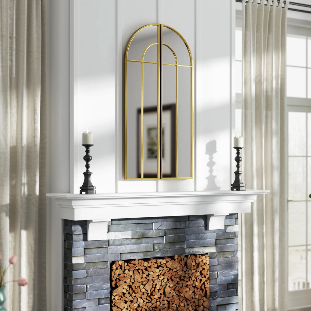 HOMCOM Miroir mural arc 30 x 120 cm, mare miroir decorativ cu ramă metalică, pentru living, cameră, hol, nuanță auriu | Aosom Romania