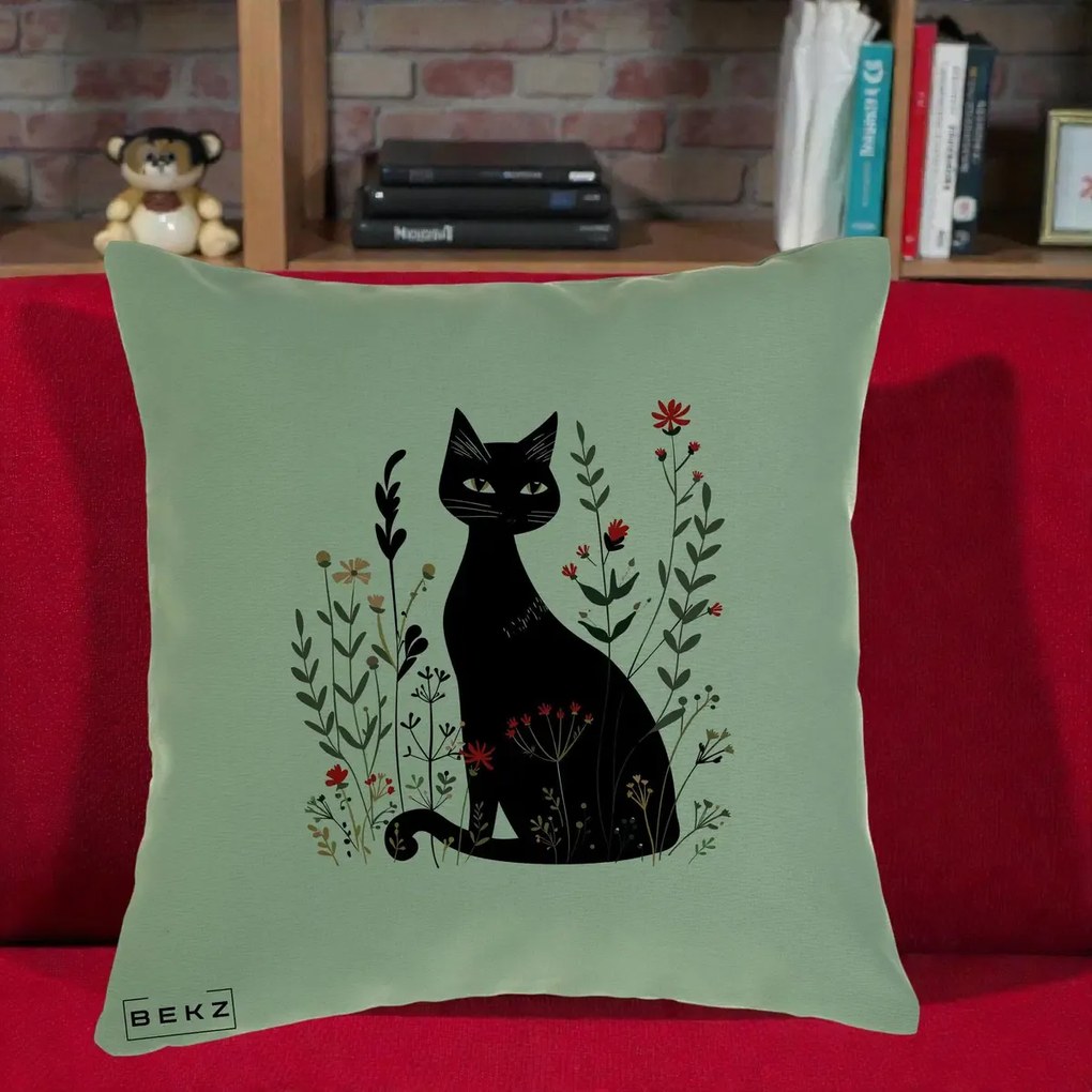 Perna Decorativa Pisica Neagra Botanica Rosu-Gri, 40x40 cm, Verde, Husa Detasabila, Perna Inclusa, BEKZ®