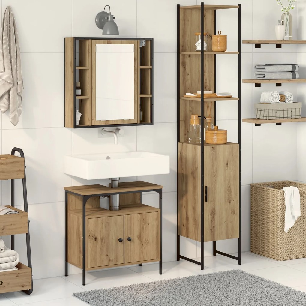 vidaXL Set de mobilier de baie - 3 piese - Lemn de stejar artizanal.