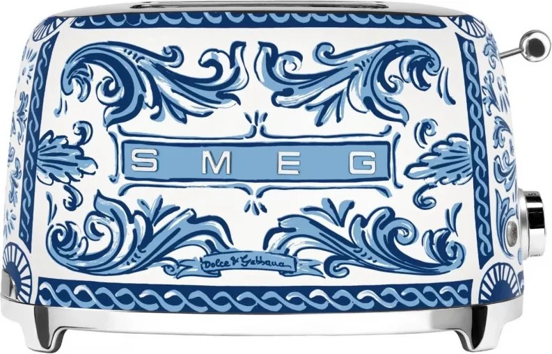 Prajitor de paine SMEG Dolce & Gabbana Blu Mediterraneo TSF01DGBEU, 950 W, 2 felii, 6 trepte, Tava pentru firimituri, Cablu integrat, Otel inoxidabil, Albastru