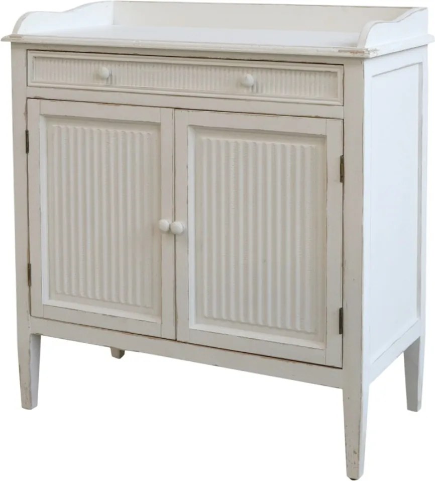Dulap vintage shabby chic din lemn, alb, cu 2 uși, 1 sertar, 1 raft și panouri canelate, finisaj antichizat, 91,5 x 83 x 41 cm, „Étretat”