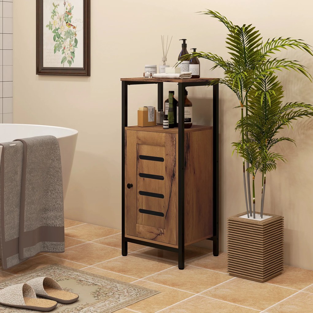 kleankin Dulap inferior pentru baie cu ușă cu lamele structură din oțel nișă deschisă 37 x 30 x 85 cm maro rustic | Aosom Romania