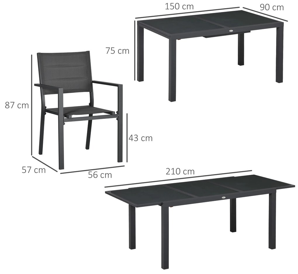 Outsunny Set de 7 Piese de Grădină din Aluminiu cu Masă Extensibilă și 6 Scaune cu Șezut din Plasă Respirabilă, 210x90x75 cm, Gri | Aosom Romania