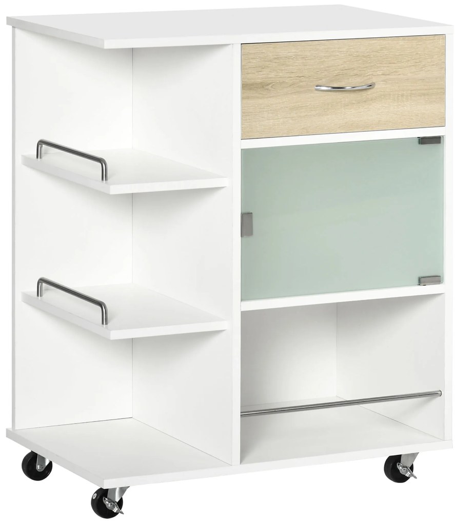 HOMCOM Carucior de bucătărie insulă centrală de bucătărie cu roți pivotante 360° rafturi cu bariere 65 x 39 x 80 cm alb | Aosom Romania